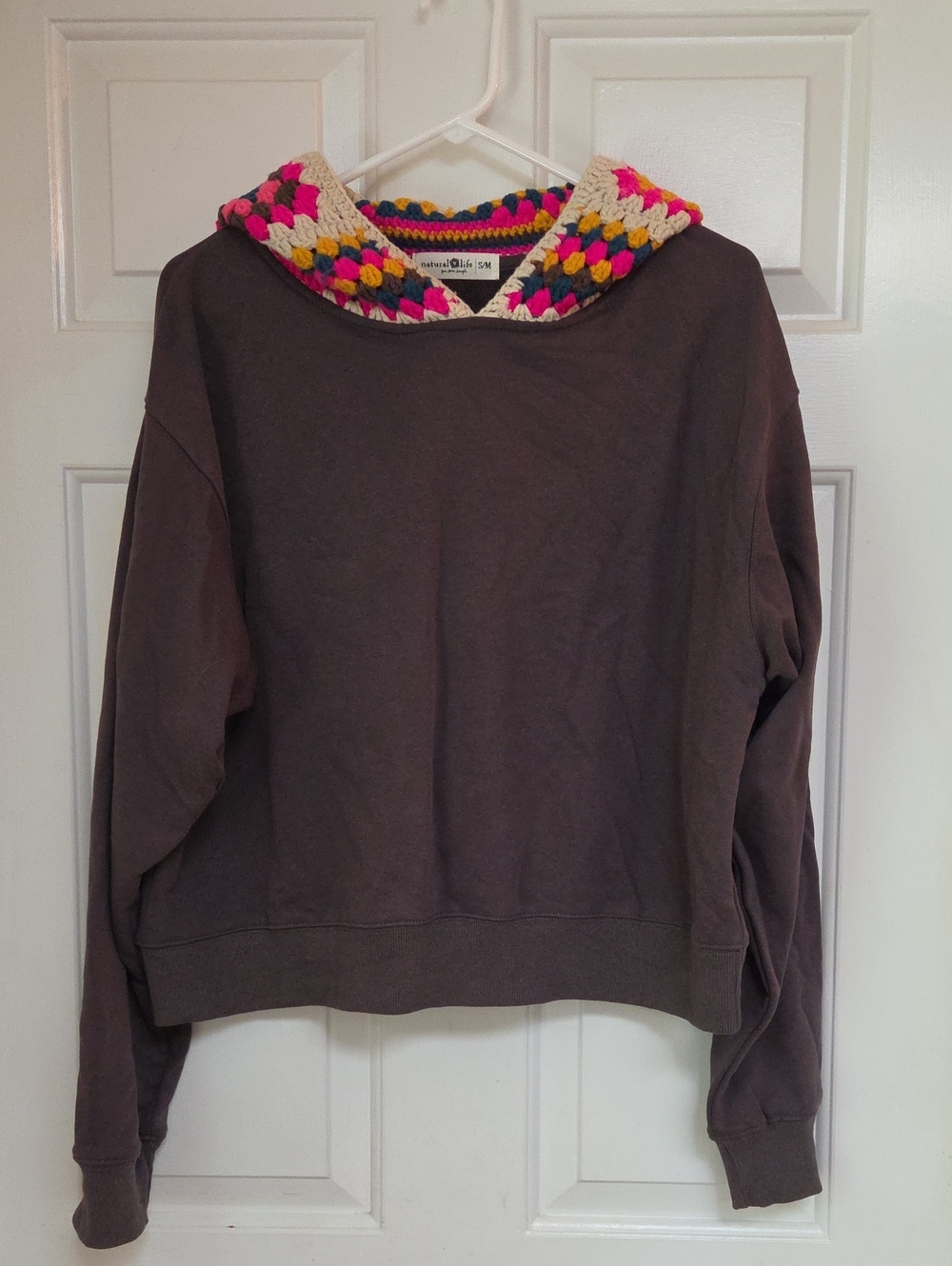 NATURAL LIFE Brown Hoodie Sweatshirt with Multicolor Crochet Trim